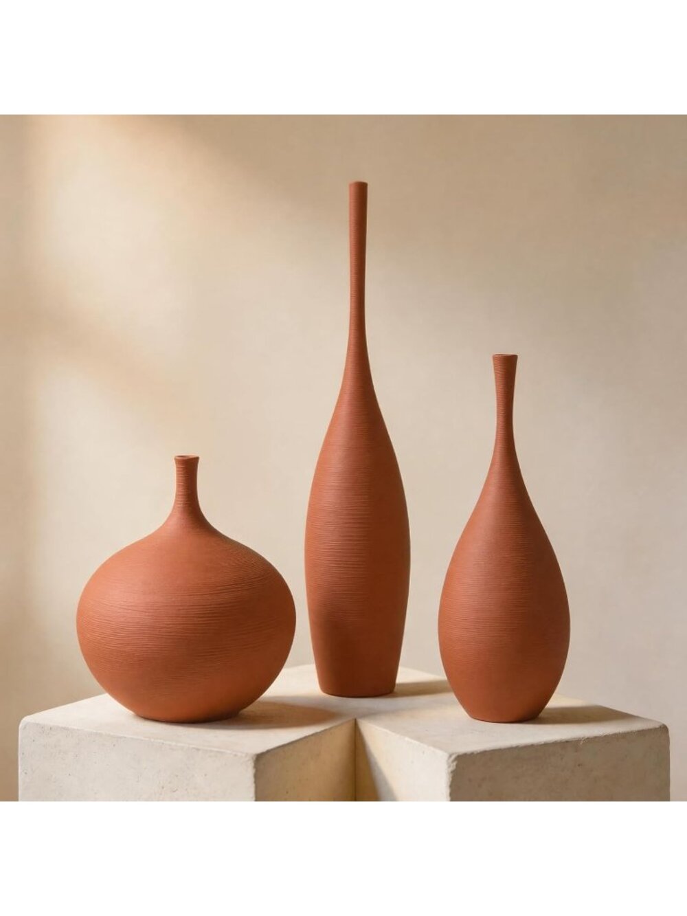 Brown Ceramic Vases Set Of 3 Modern Boho Matte Terracotta Living Room Decoration